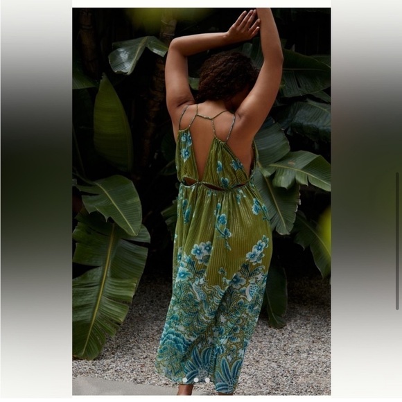 NWT Anthropologie Green Motif and Blue Metallic Cutout Maxi Dress Size XSP - Picture 3 of 10